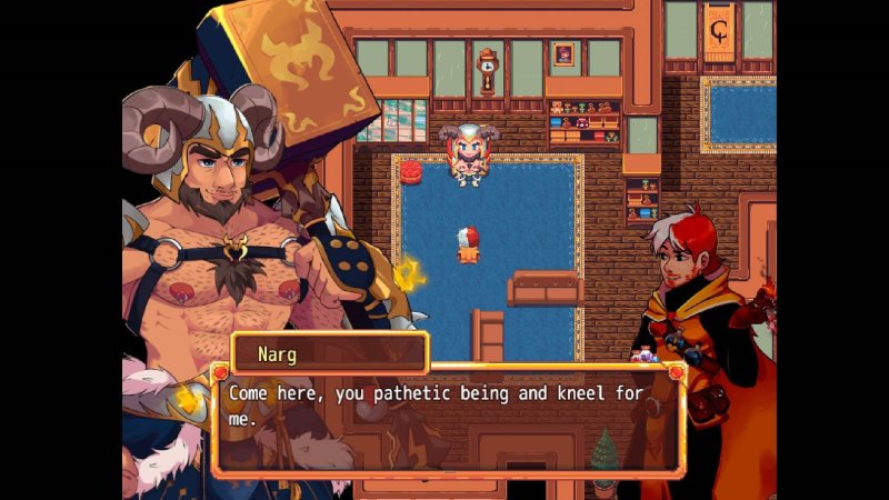 Bara Giants – Society of Pleasure — Bara fantasy game dialogue between illustrated warriors — Bara Giants game screenshot.