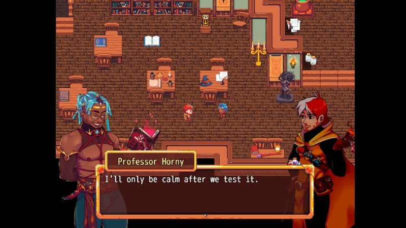 Bara Giants – Society of Pleasure — Top-down fantasy room with RPG dialogue window — Bara Giants game screenshot.