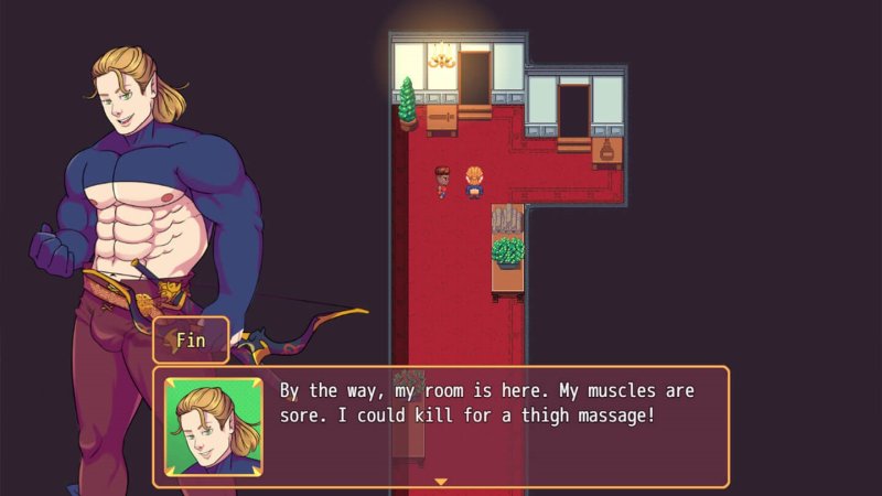Burning Horns: A Bara Isekai JRPG — Pixel-art conversation with a muscular warrior indoors — Burning Horns game screenshot.