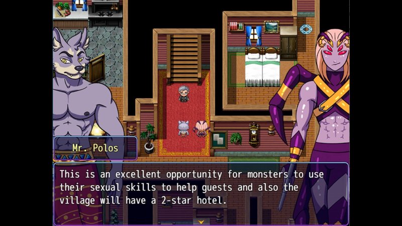 Cumming Hotel — RPG dialogue between two illustrated anthro fantasy characters — Cumming Hotel game screenshot.