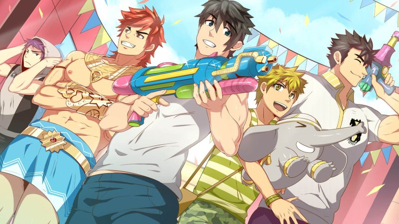 Full Service — Ensemble character artwork featuring the adult male cast — Full Service game screenshot.