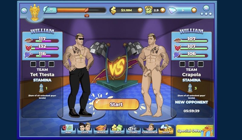 Men Bang — Two cartoon male characters in a competitive card interface — Men Bang game screenshot.