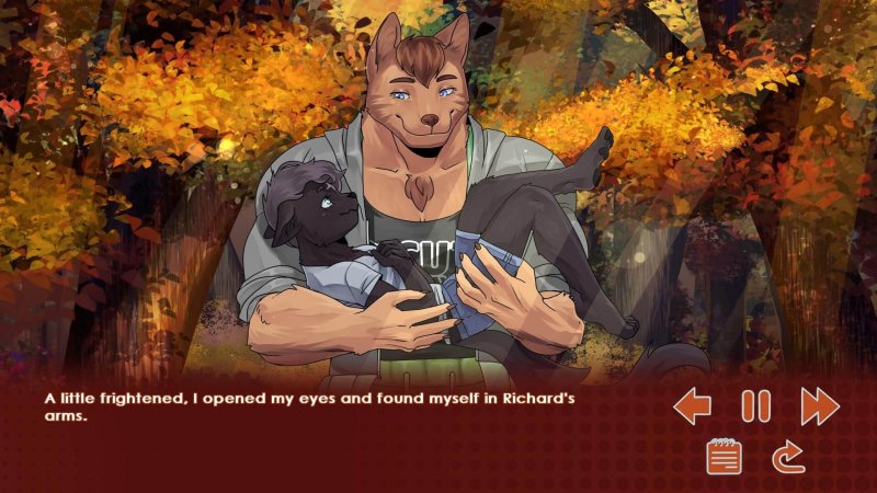 Run, Kitty! — Male furry visual-novel character reading outdoors in autumn — Run Kitty game screenshot.